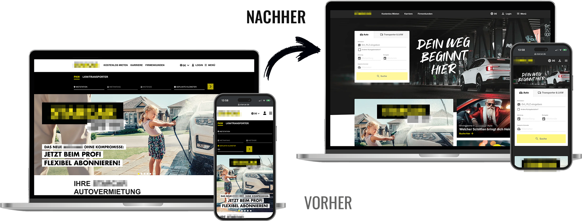 Vorher/Nachher-Vergleich der Desktop- und Mobile-Version der STARCAR-Website nach der technischen und visuellen Modernisierung.